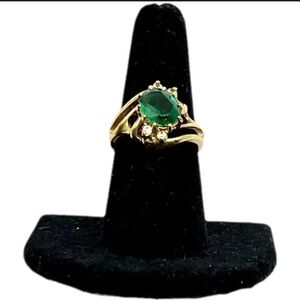 Gold Tone Ring with Emerald Green colored stone-size 9